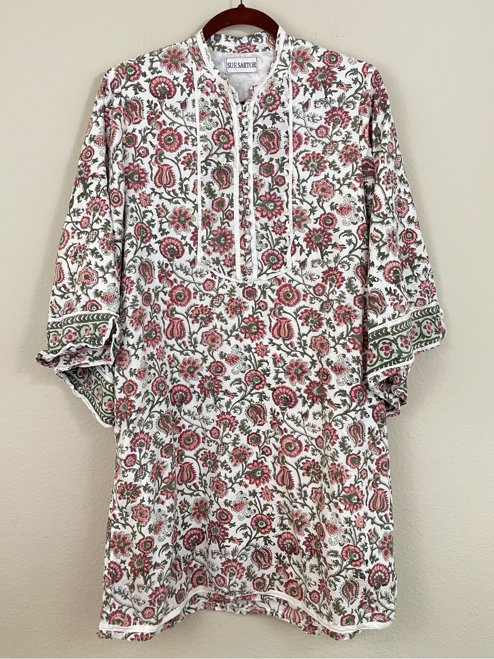 Sue Sartor Floral Hand Block Print Bell Sleeves Tunic Dress Size Small